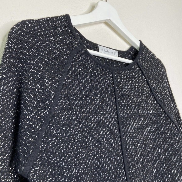 Zara Black Metallic Silver Knit Tweed Long Sleeved Dress Sz S - Picture 3 of 10